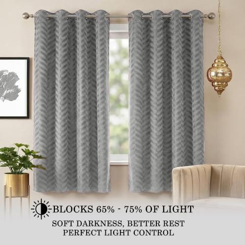 Image of 100% Light Block Curtains 5 Feet Window 2 Piece, Light Grey | Embossed Panels Room Darkening Mild Thermal Insulated & Noise Reducing Curtains (Light Grey, 60 Inch)