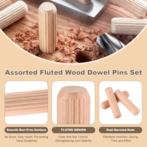 Faankiton 300 Stück Holzdübel Set Geriffelt 8x30mm, Holz Dübelstifte mit Fase, Hartholz Möbeldübel für Möbelbau, Holzverarbeitung & Reparatur