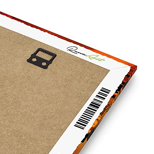 Runa Art Wandbild Afrika Sonnenuntergang 1 Teilig 100 x 40 cm Modern Bild auf Vlies Leinwand Giraffe Elefant Wohnzimmer Schlafzimmer Orange 000212a