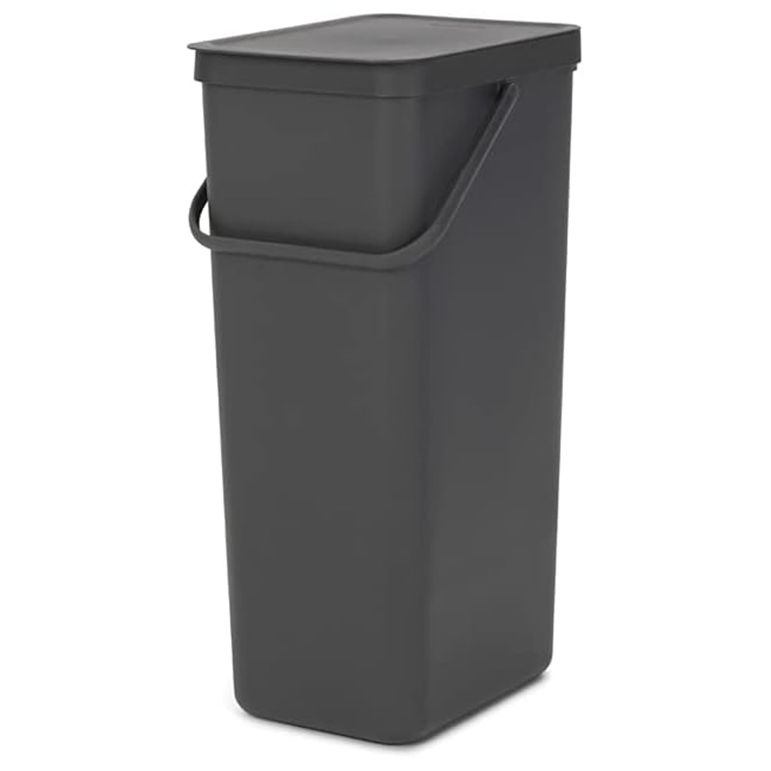 Brabantia Sort & Go Abfalleimer mit Deckel 40 L (grau), platzsparender Pfandsammler mit Griff, abnehmbarer, feststellbarer Deckel, leicht zu reinigender großer Mülleimer ohne Ecken und Ränder