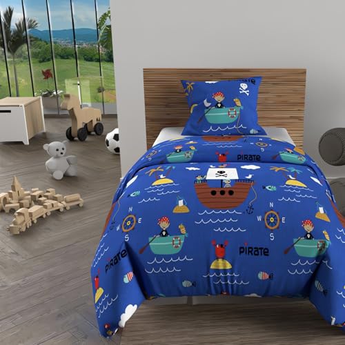 Soleil d'ocre, Parure Housse de Couette 140x200 cm Pirates Bleu, 100% Coton 57 Fils/cm2