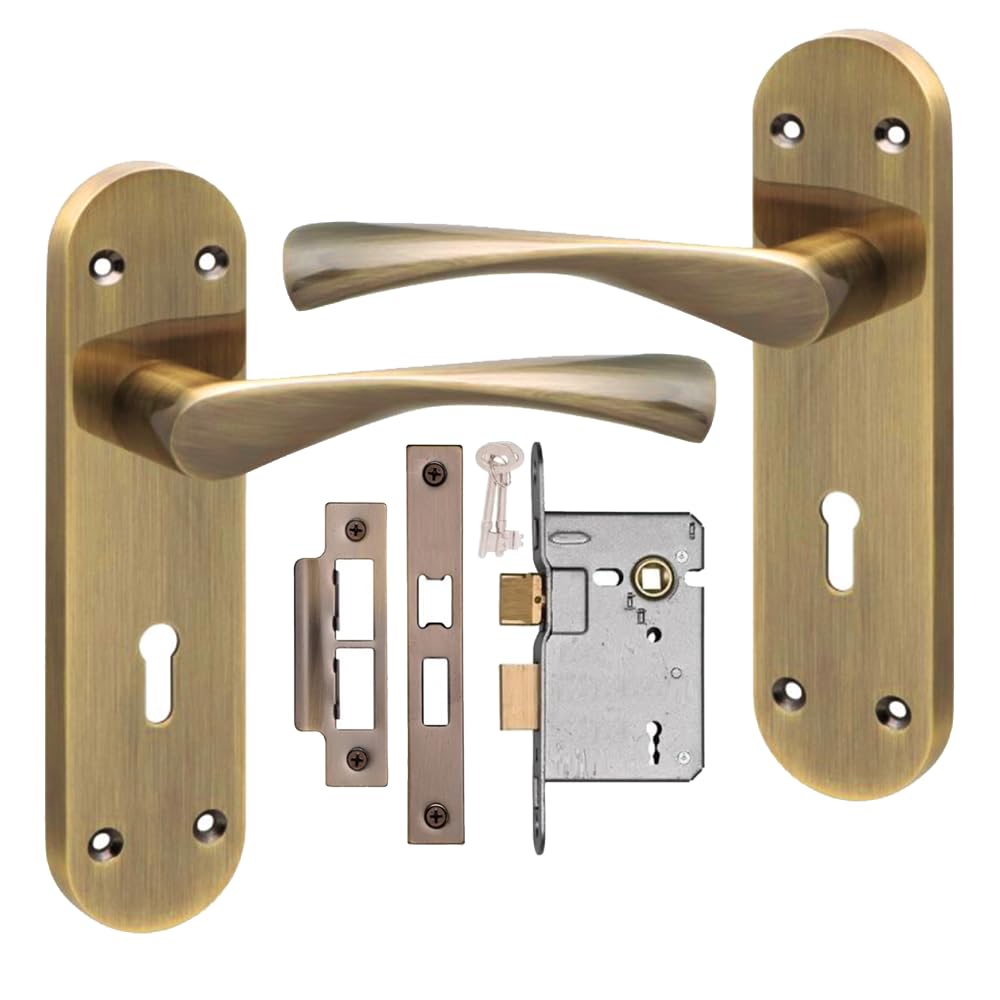 Golden Grace Victorian Long Plate Astrid Design Lock Door Handle with 2.5" 3 Lever Lock Antique Brass Finish 182mm x 45mm