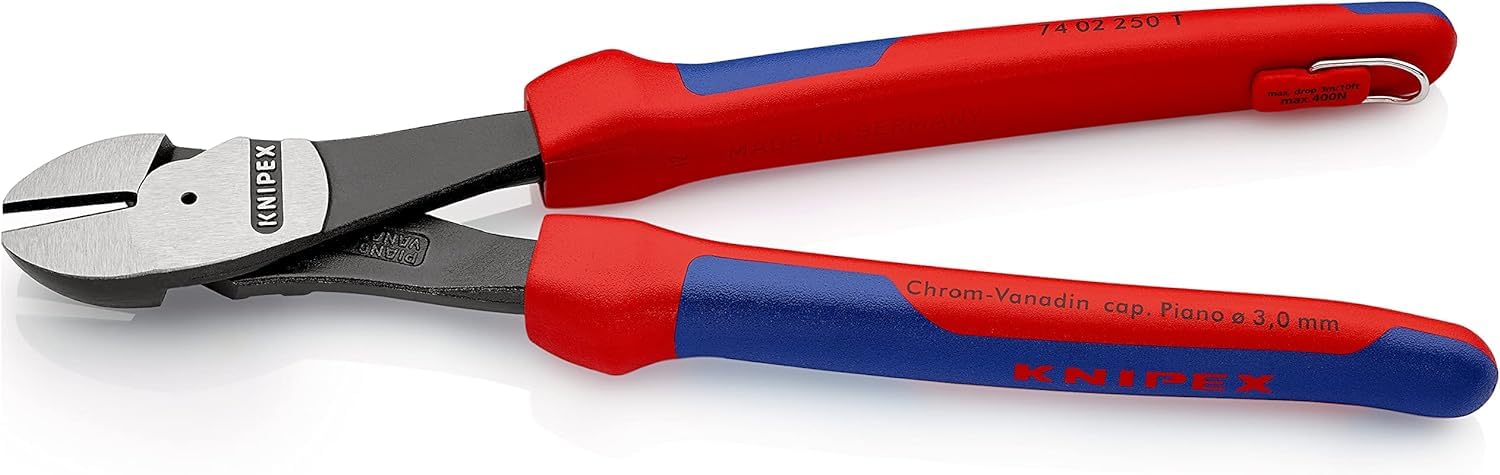 Knipex Pince coupante de côté à forte démultiplication noire atramentisée, avec gaines bi-matière, avec œillet intégré pour fixation d’un dispositif antichute 250 mm 74 02 250 T