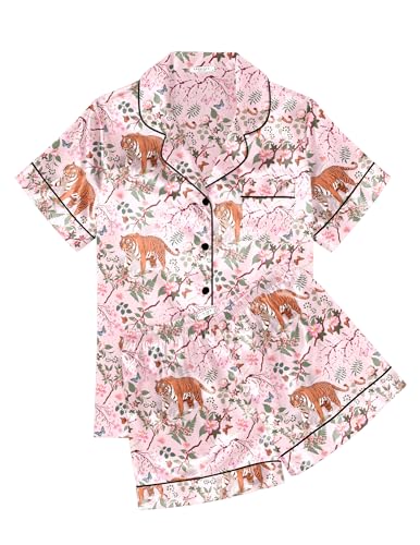 Image of Ekouaer Womens Silk Satin Pajama Sets Soft Short Sleeve Button Down Sleepwear Top and Shorts 2 Piece Pjs Lounge Set,Pink-Tiger,L