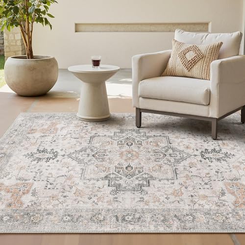 GENIMO Vintage Teppich 160x230cm, Waschbare Teppiche, Boho Teppich, Teppiche Wohnzimmer, Großer Carpet rutschfest, Schlafzimmer, Esszimmer, Büro, Beige