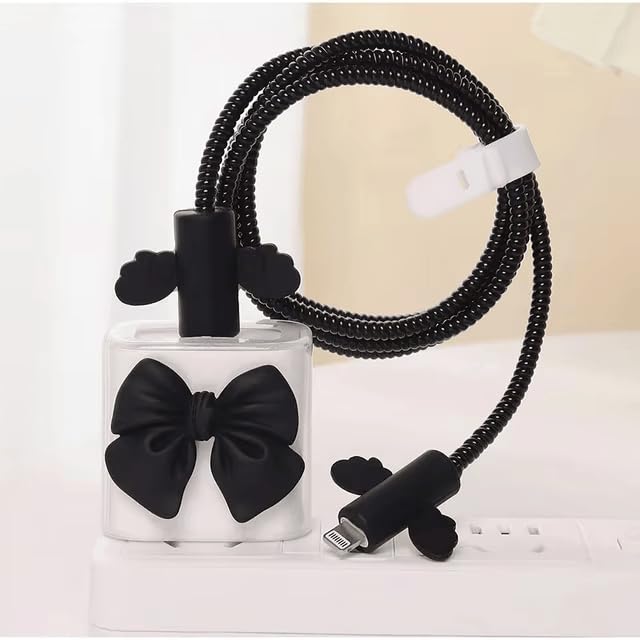 Image of Skysia Cute Bow Design 4-in-1 Charger Case for Apple 18W & 20W - Transparent Cable Protector, Charger Cover & Spiral Wire Saver, Full Protection (Multi-Colored Black)