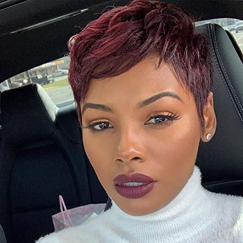 Waveme Short Pixie Human Hair Wigs Straight Brazilian Virgin Hair Boy Cut Wigs for Women Ombre Colors 9001 (99J#)