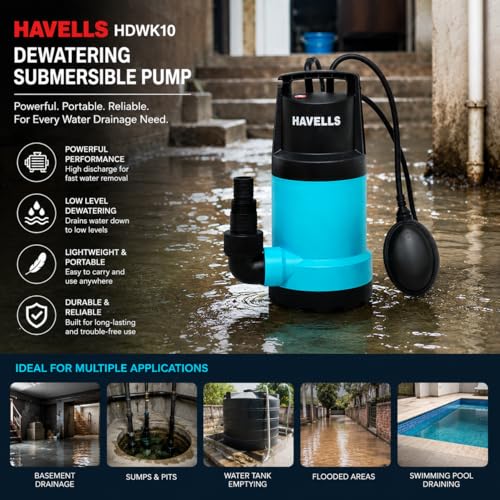 Image of Havells HDWK10 Submersible Dewatering Pump | 244 LPM High Discharge | 9.5M Max Head | Portable Water Drainage Pump | 32mm Outlet | Sumps, Tanks & Flooded Areas | 1 Year Warranty