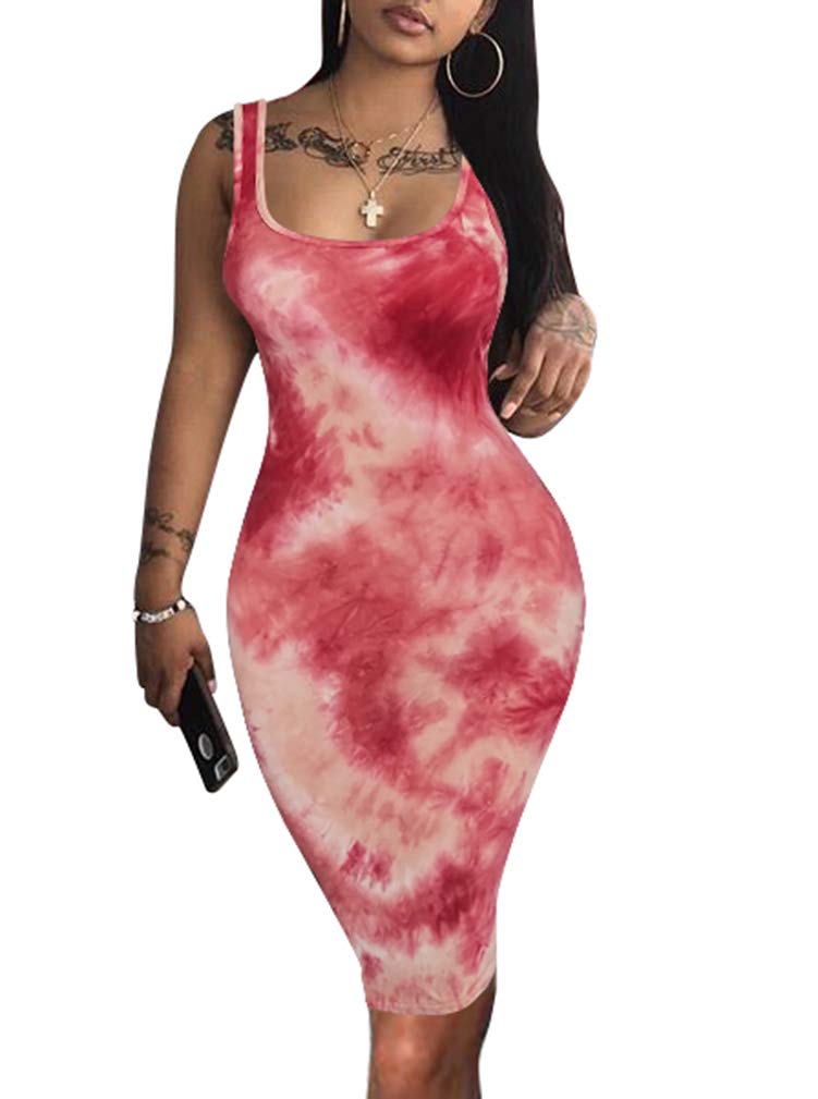 LAGSHIAN Women's Sexy Bodycon Tank Dress Sleeveless Basic Midi Club Dresses Brickred Tiedye