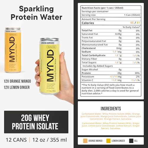 Image of MYND Sparkling Protein Water, Clear Protein Drink - 20g Whey Protein Isolate Per Can, 24 Pack - Lactose Free, Gluten Free, No Added Sugar - Ready-to-Drink Carbonated Protein Drinks - Variety Pack