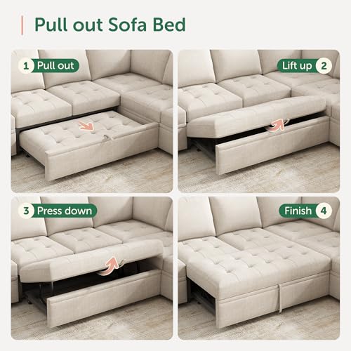 Image of HONBAY Modular Sectional Sleeper Sofa with Pull Out Bed, L Shaped Couch with Storage Seat Sectional Couches for Living Room,Mid Beige