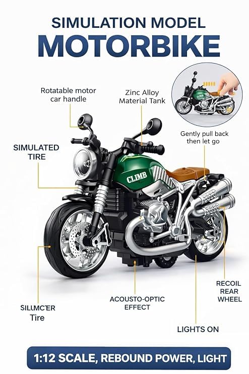 Image of Braintastic Model Diecast Car Toy Vehicle Pull Back Friction with Openable Doors Light & Music Toys for Kids Age 3+ Years (Sports Bike Green)
