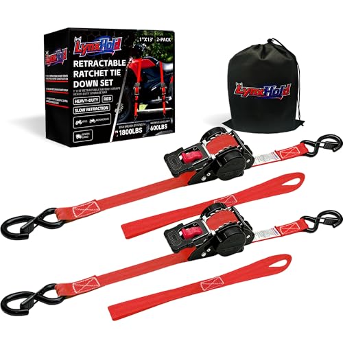 Image of Retractable Ratchet Straps 1 inch x 13Ft, Heavy Duty Self Retracting Tie Down Straps, 1800lb Break Strength Auto Retract Cargo Straps for Truck, Trailer, Motorcycle, ATV, UTV, (Red, 2 Pack)