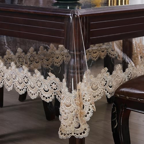 Nappe en plastique transparent, imperméable - Rectangulaire en vinyle avec dentelle brodée - Pour salle à manger, cuisine, buffet, banquet, fêtes,...