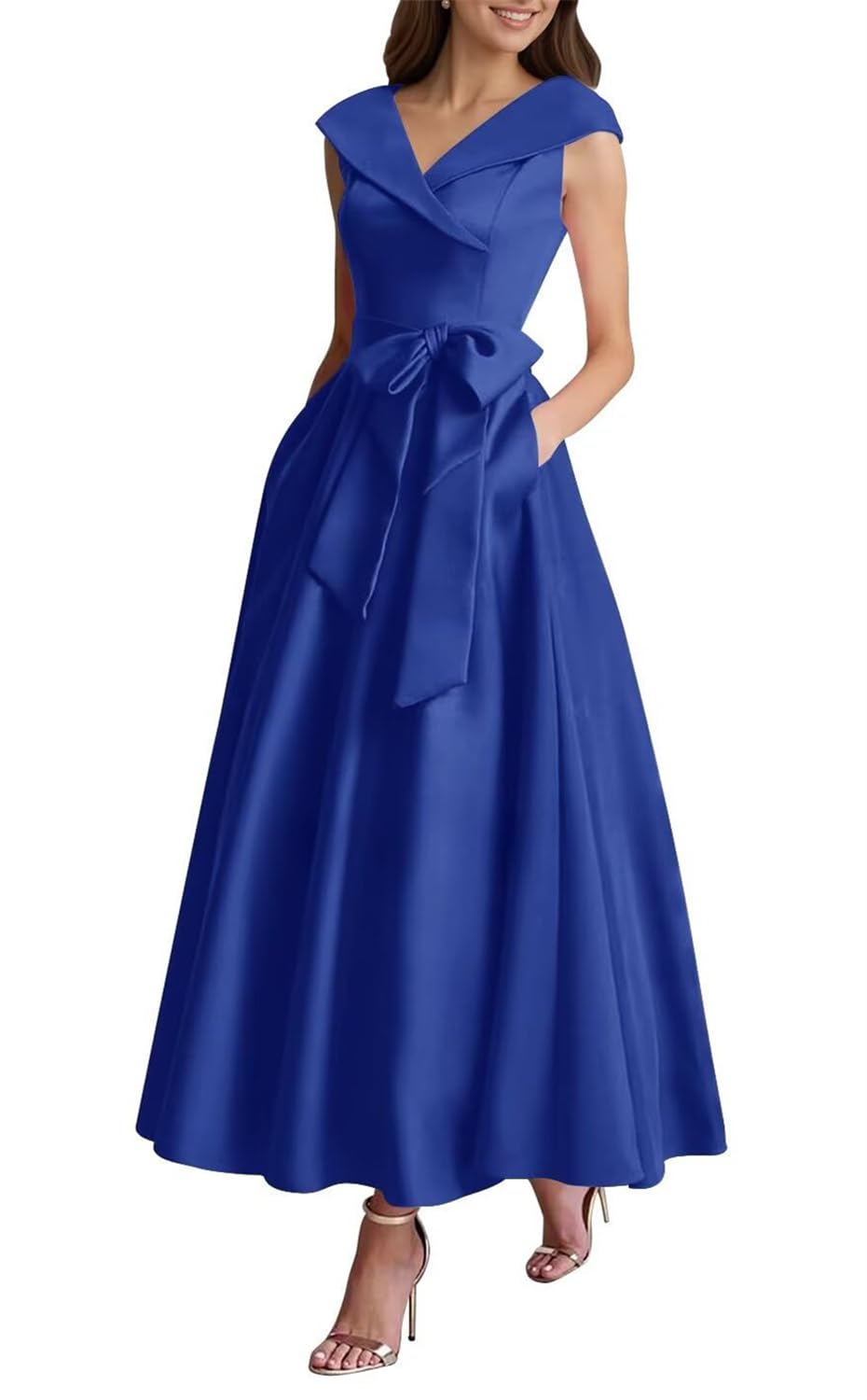 KIYNE Elegant Mother of the Bride Dresses for Women Sleeveless Ankle Length Satin Formal Gown V Neck Evening Dress UK18 Royal Blue