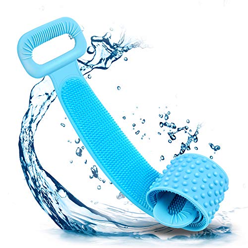30” Back Scrubber Bath Body Brush for Showering,Extra Longer Handle Back Brush Silicone Scrub Bath Rubber Towel for Men/Women Use (Blue)