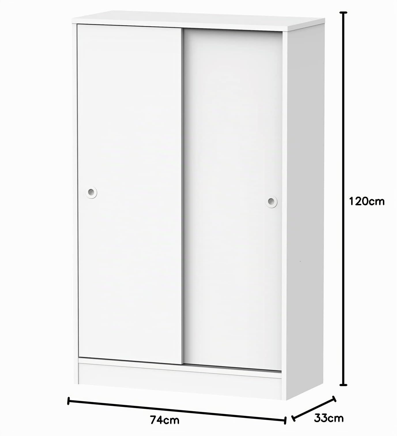 Armario Bajo Auxiliar Multiusos con 2 Puertas Correderas y 3 Estantes, Acabado en Color Blanco, Medidas: 74 cm (Ancho) x 120 cm (Alto) x 33 cm (Fondo)