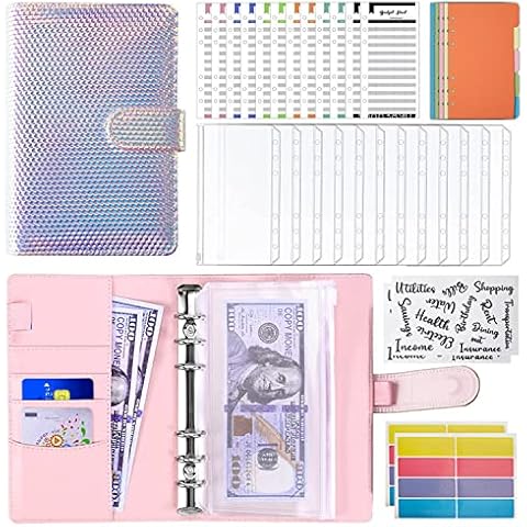 A6 Ring Binder, PU Leather Binder Notebook, with 12 Pcs 6 Hole Binder/Budget Sheets, Dividers, Colorful Sticky Labels, for Budget Planner (Pink) Cover