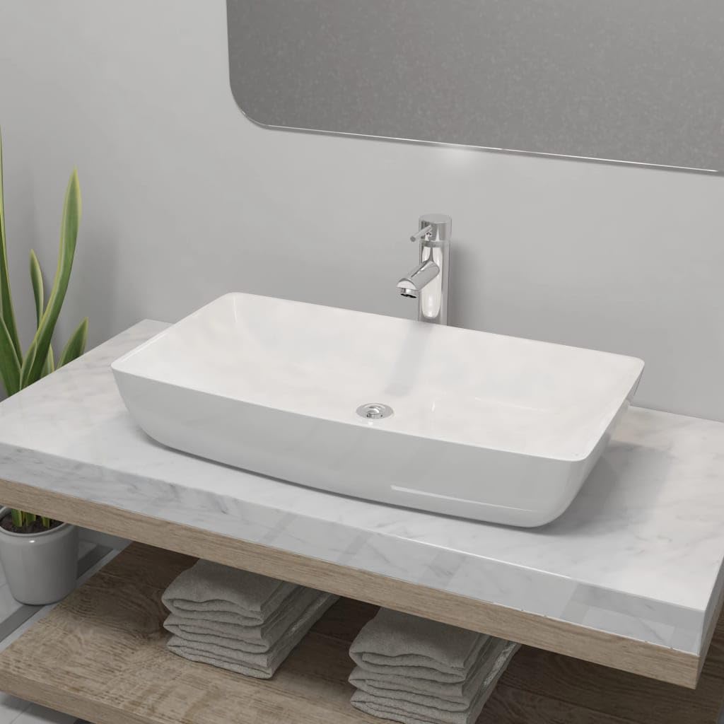 vidaXL Lavabo de Baño Rectangular con Grifo Mezclador de Cerámica Blanco Hogar