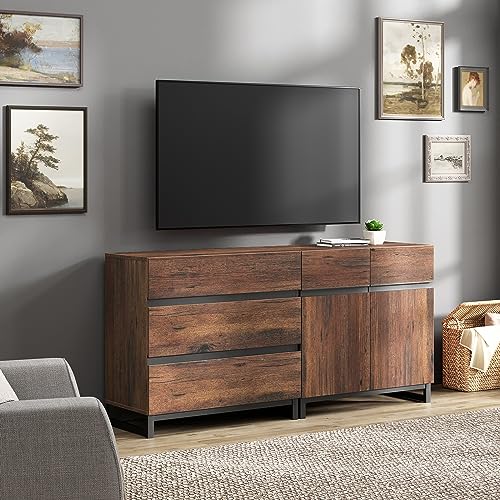 WAMPAT Modern TV Stand for TVs up to 70 inch, 2 in 1 TV Console with Adjustable Shelf and 3 Drawers, Media Console for Living Room,Bedroom,Brown