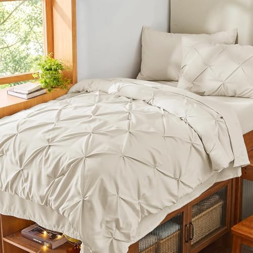 Image of Sasttie Twin Comforter Set, 5-Piece Bed in a Bag, Pintuck Bedding Sets for All Season, Includes Comforter, Flat Sheet, Fitted Sheet, Pillowcase and Pillowsham, Beige