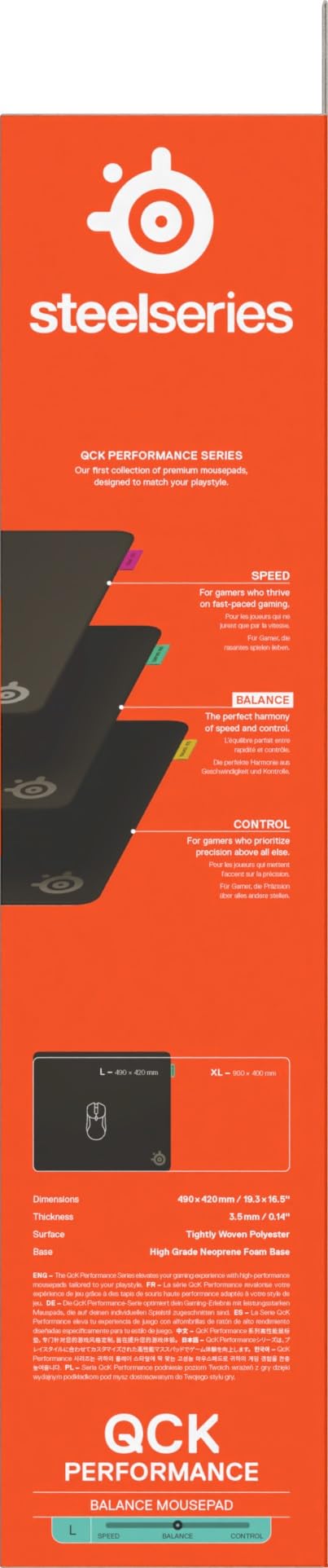 SteelSeries tapis de souris gaming QcK L Performance Balance - Densité élevée pour une glisse fluide - Bords cousus à profil bas - Base antidérapante en néoprène - Taille 490 x 420 mm -FPS, MOBAs, RTS