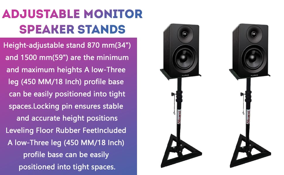 Image of Studio Monitor Speaker Stands Pair. 40Kg Capacity per Stand. Adjustable Height 26 inch - 42 inch. Metal Constructed Stands Ideal for Surround Sound, Bookshelf and Monitoring Speakers