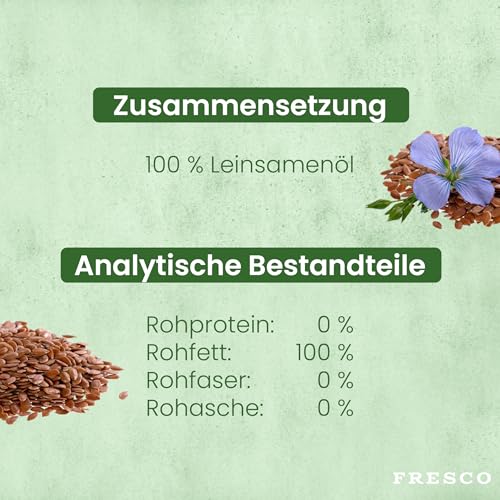 FRESCO Dog Premium Leinöl Hunde 250ml | Kaltgepresstes Omega 3 Öl mit Vitamin E | Natives Barf Öl ohne Zusätze | Abgefüllt in Deutschland