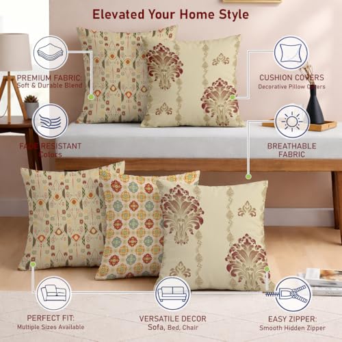 Image of STITCHNEST Set of 5 Royal Damask & Ikat Collection Printed Jute Cushion Covers 16x16 Inches | Ethnic Decorative Throw Pillow Covers for Sofa, Living Room & Bedroom | Premium Home Decor