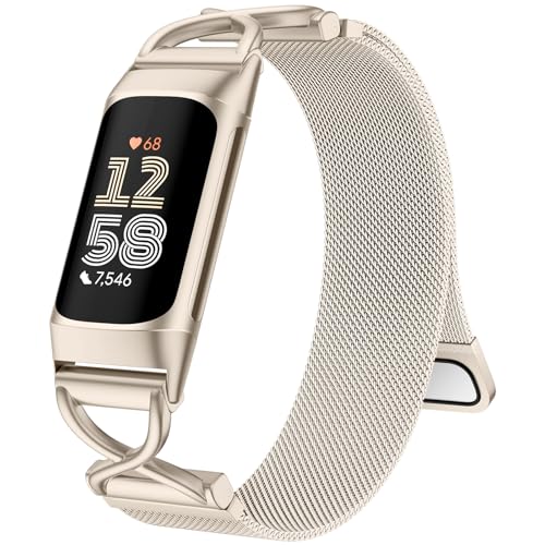 Classic Metal Bands Compatible with Fitbit Charge 5/ Fitbit Charge 6 Bands Women Men, Breathable Stainless Steel Replacement Band for Charge 5/ Charge 6 Fitness Tracker Accessory, Starlight