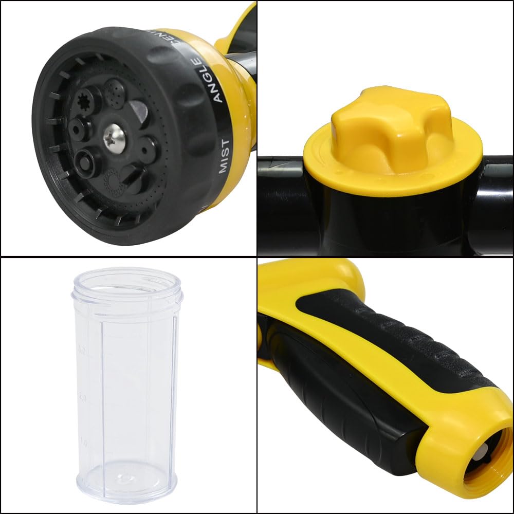 Armo® Wielofunkcyjny pistolet natryskowy do węża ogrodowego z 8 trybami regulacji, wbudowany dozownik mydła do mycia samochodu, ogrodnictwa, trawnika, roślin, zwierząt domowych (żółty)