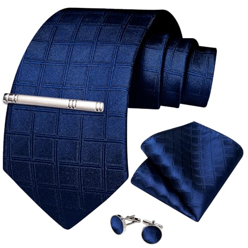 Image of DiBanGu Mens Silk Necktie Solid Color Tie and Pocket Square Cufflink Tie Clip Set Woven Plain Ties for Men Wedding Party