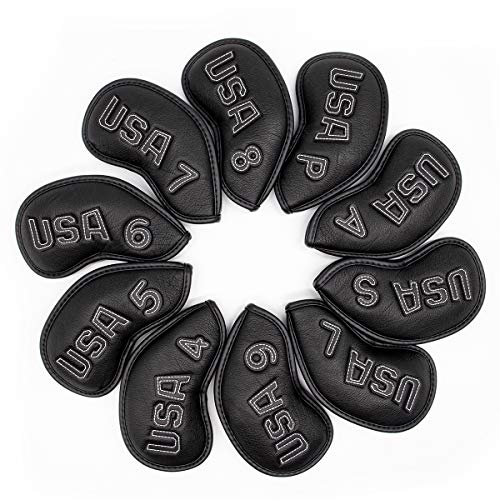Golf Iron Covers,Golf Iron Head Covers Leather Golf Iron Covers Set 10pcs Golf Iron Headcovers,Golf Club Head Covers for Iron with Magic Tape Fit Titleist,Callaway,Ping,Taylormade USA Series