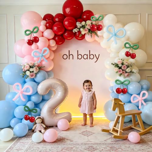Image of Cherry Balloon Arch Kit, Red Blue Pink White Green Bow Light Mist Balloons