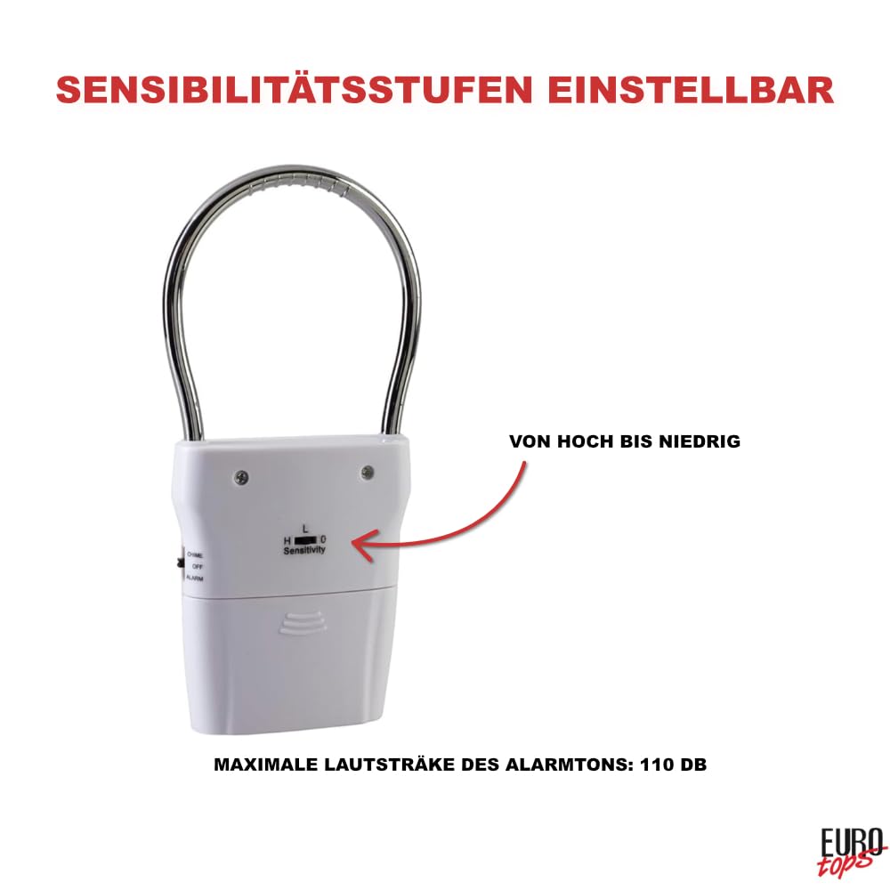 EUROtops Alarm électronique pour poignée de porte – Lot de 2, Alarme de porte et fenêtre avec 110 dB/Carillon, 1500 heures d'autonomie de la batterie, capteur tactile pour la maison/chambre d'hôtel