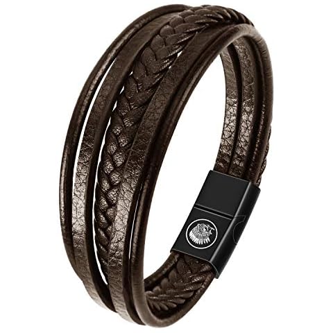 Mens Leather Bracelet - Classic Handmade Braided Black & Brown Cuff Bracelet with Engraved Magnetic Clasp Free Jewelry Gift Boxed Cover