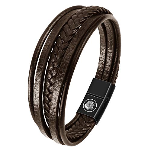 Casisto.J Bracelet Homme - Bracelet Cuir Homme Manchette tressé à la Main Classique Noir et Brun avec Fermoir magnétique gravé Cadeau Bijoux Gratuit en...