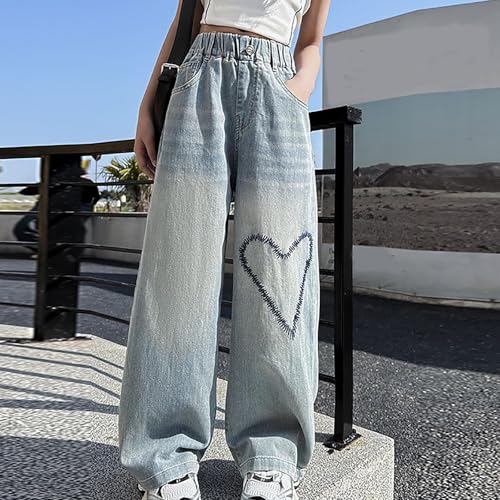 Girls Jeans Pants Heart Print Vintage Washed Wide Leg Baggy Denim Pants Streetwear Tween High Elastic Waisted Jeans2