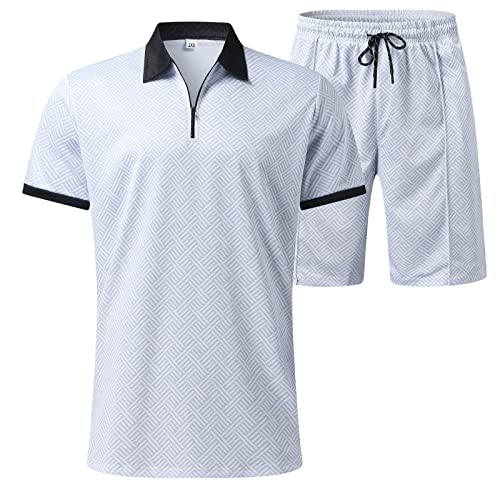 Activewear Sets voor heren, 2-delige set korte mouwen tracksuit ritssluiting poloshirt sportbroek met zak revers joggingpak ademend trainingspak los vrijetijdspak, wit, M - Afbeelding 6