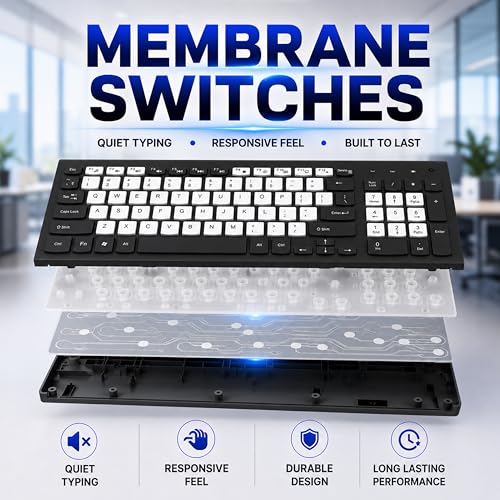 Image of ANT Master 25 Wireless Keyboard, 2.4GHz USB Plug and Play Receiver, 95 Keys with Multimedia Shortcuts, Water-Repellent Slim Membrane Design, 12M Range, Office & Home Productivity, Black & White