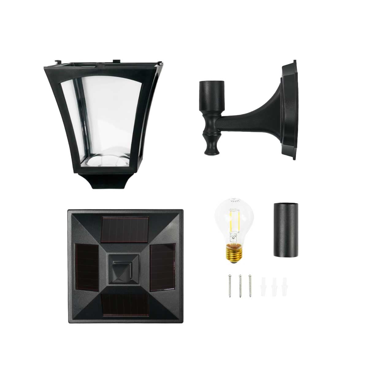 Festive Lights 34cm klassische Solar Wandlampe Aussen mit Filament Glühbirne, schwarz, warmweiße LEDs, Solarleuchte Garten, Solar Laterne schwarz, Wandlampe aussen, Solarstrahler außen