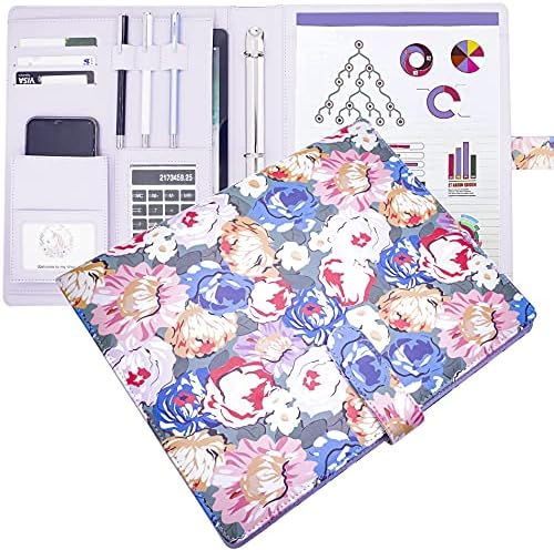 Portfolio Binder Three Ring Binder 1 inch,Leather Padfolio Binder - Organizer Document - Office Binder Organizer for Women. (10"x13", 1 inch Three Ring Binder, Floral)