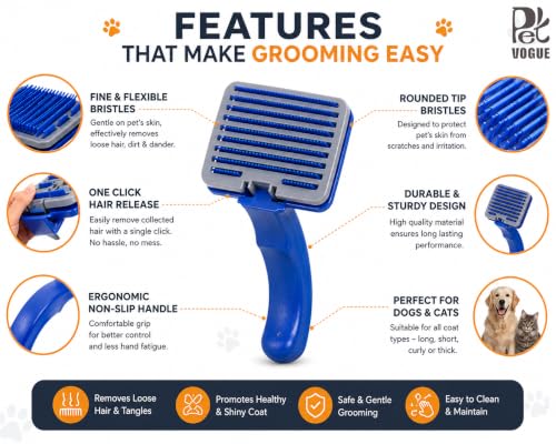 Image of PetVogue Slicker Dog Comb Brush Pet Grooming Brush Daily Use to Clean Loose Fur & Dirt Great for Dogs and Cats with Medium Long Hair Dog Hair Self-Cleaning Grooming Comb for Dematting Detangling & Deshedding Brush-Blue