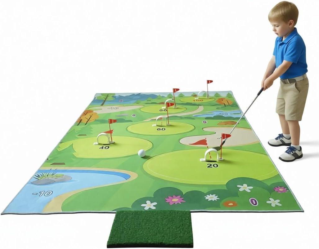 Golf Game Play Set for Kids, Indoor Outdoor Putting Mat with Putter, 5 Putting Gates, Scoreboard, Storage Bag, 70x47 Inch Golf Carpet