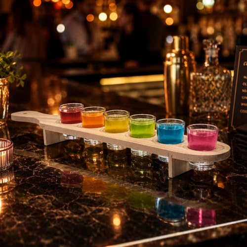 Image of Go Hooked Wooden Shot Glass & Paddle Set with 6 Glasses, 30 ml Glass Capacity, Wooden Serving Paddle Tray with Holder Stand for Party Serving, Tastings, Gatherings, Table Presentation