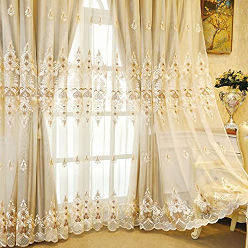 Curshimer Luxury Double Layer Blackout Curtain With Sheer European Embroidered Window Drape For Living Room Sliding Glass Door, 1 Panel (Beige,W 78" X H 94") #TOP1