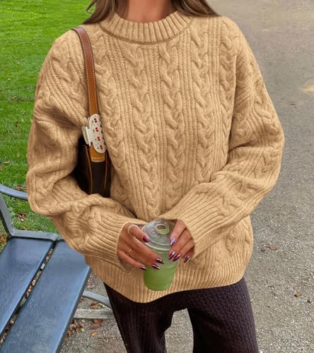 Okiwam Women's Oversized Sweaters Crewneck Cable Knit Pullover Casual Loose Fall Outfits Fashion Clothes 2025