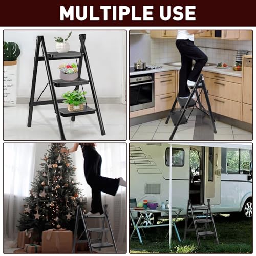 Image of 3-Step Ladder, Folding Step Stool for Kitchen /Closet /Garage, Sturdy & Lightweight Aluminum Handy Ladder, 200 lbs Capacity, Anti-Slip Pedals, Compact & Portable for Home DIY & Everyday Tasks