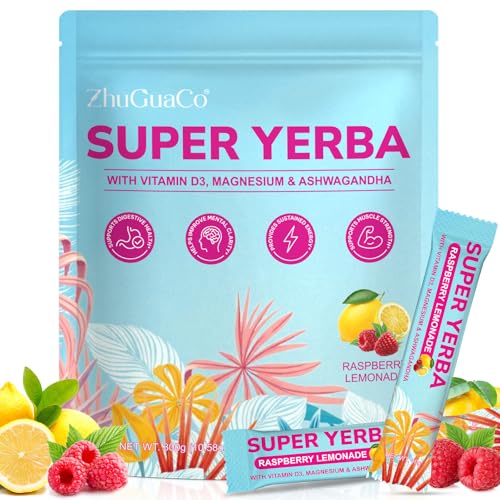 Yerba Mate Instant Tea Powder | Super Yerba Mate Tea for Energy Support & Gut Health - Ashwagandha, Lion’s Mane, L-Theanine, Raspberry Lemonade Flavor, Hot or Cold Drink (10.58 oz, 30 Servings)