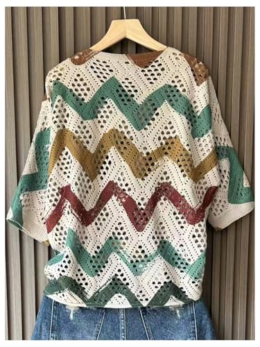 GORGLITTER Women's Hollow Out Floral Crochet Sweater V Neck 3/4 Sleeve Boho Summmer Knitwear Tops Apricot# 01 Medium2